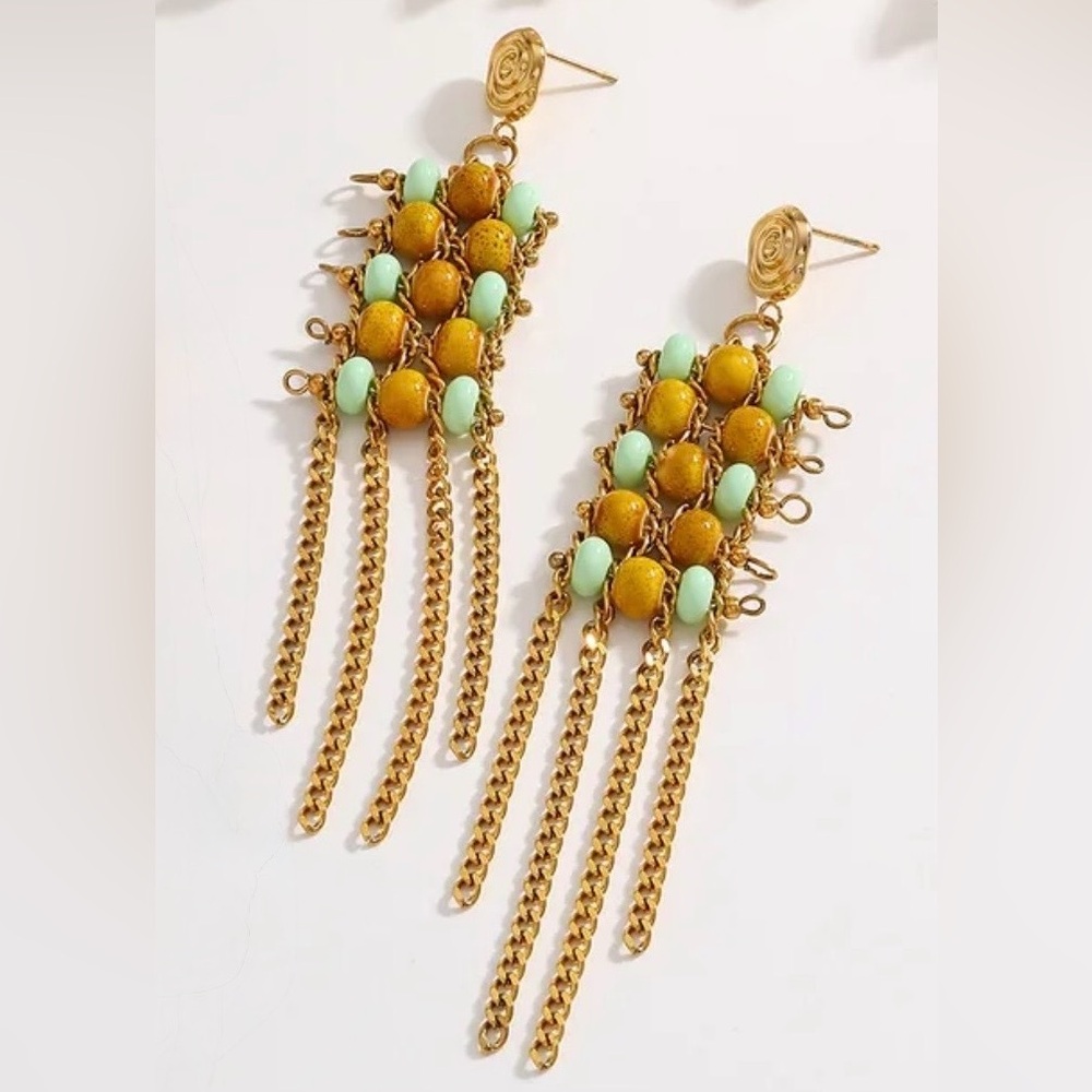 Dangle Tassel Beaded Earrings Gold and Mint accents